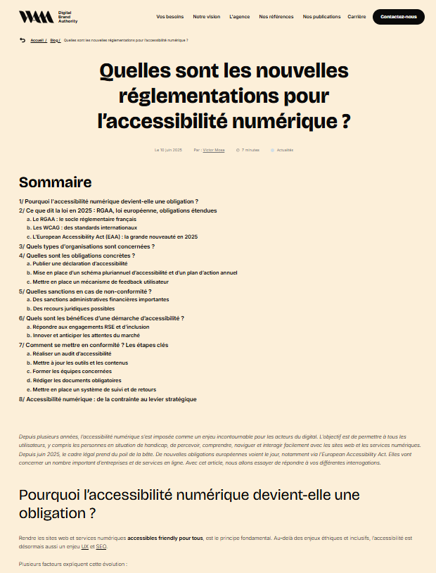 capture d'écran de l'article Quelles sont les nouvelles réglementations pour l’accessibilité numérique ? issue du blog de l'Agence WAM