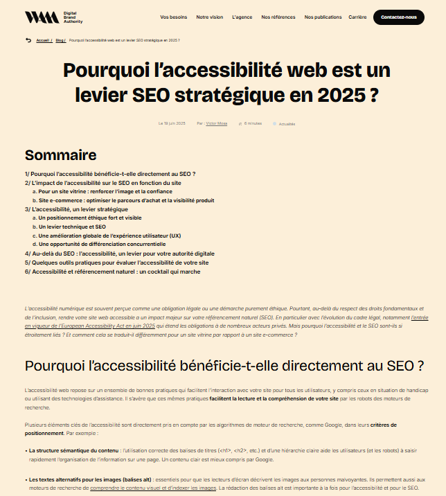 Capture décran de l'article Pourquoi l’accessibilité web est un levier SEO stratégique en 2025 ? issu du blog de l'Agence WAM